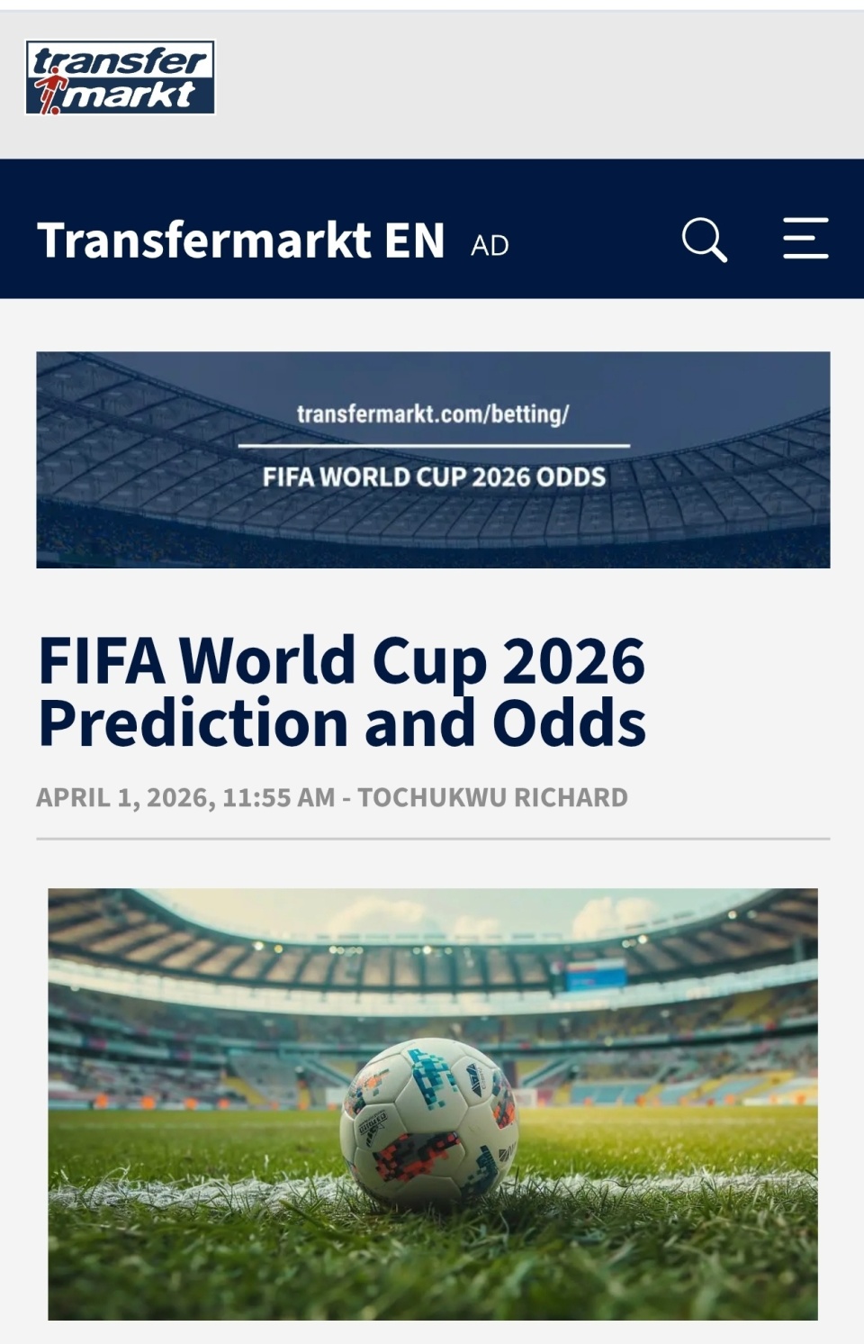 Transfermarkt World Cup odds and predictions